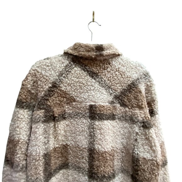 Plaid Teddy Sherpa Shacket Wm Sz M Brown Shirt Jacket Oversized Country Western - Picture 10 of 14